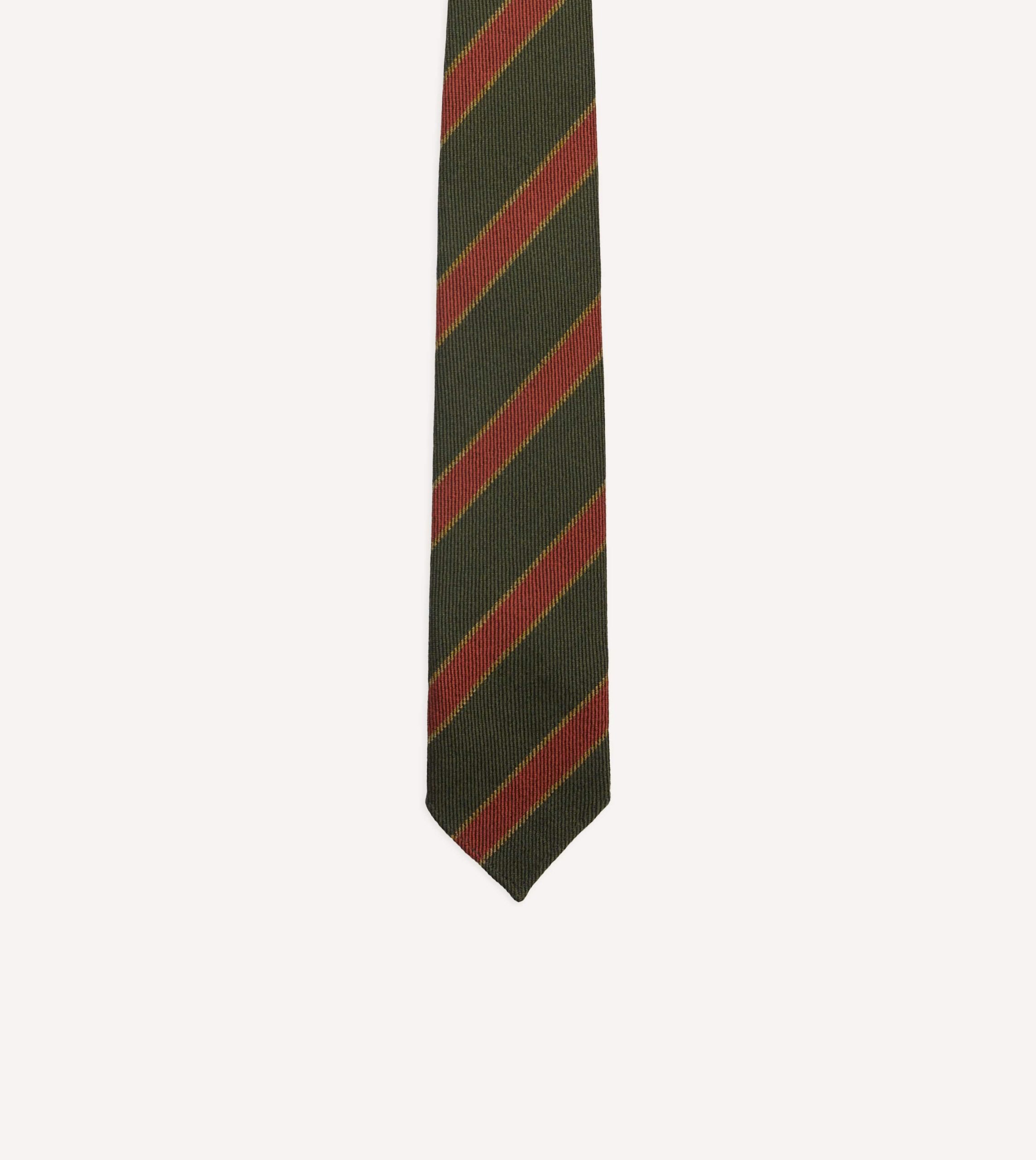 Green. Yellow and Red Thick Stripe Hand Rolled Wool Tie - Image 3
