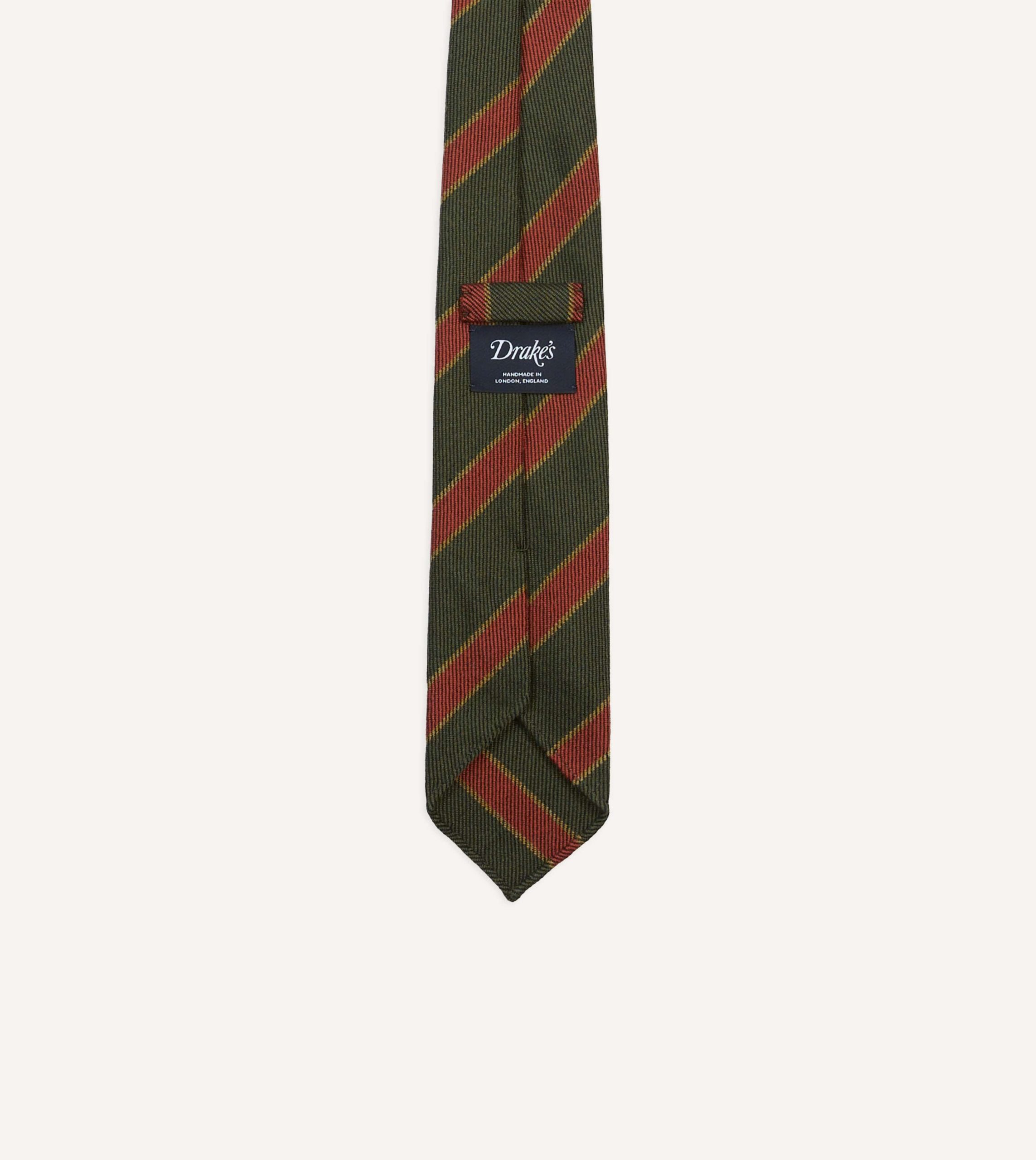 Green. Yellow and Red Thick Stripe Hand Rolled Wool Tie - Image 4