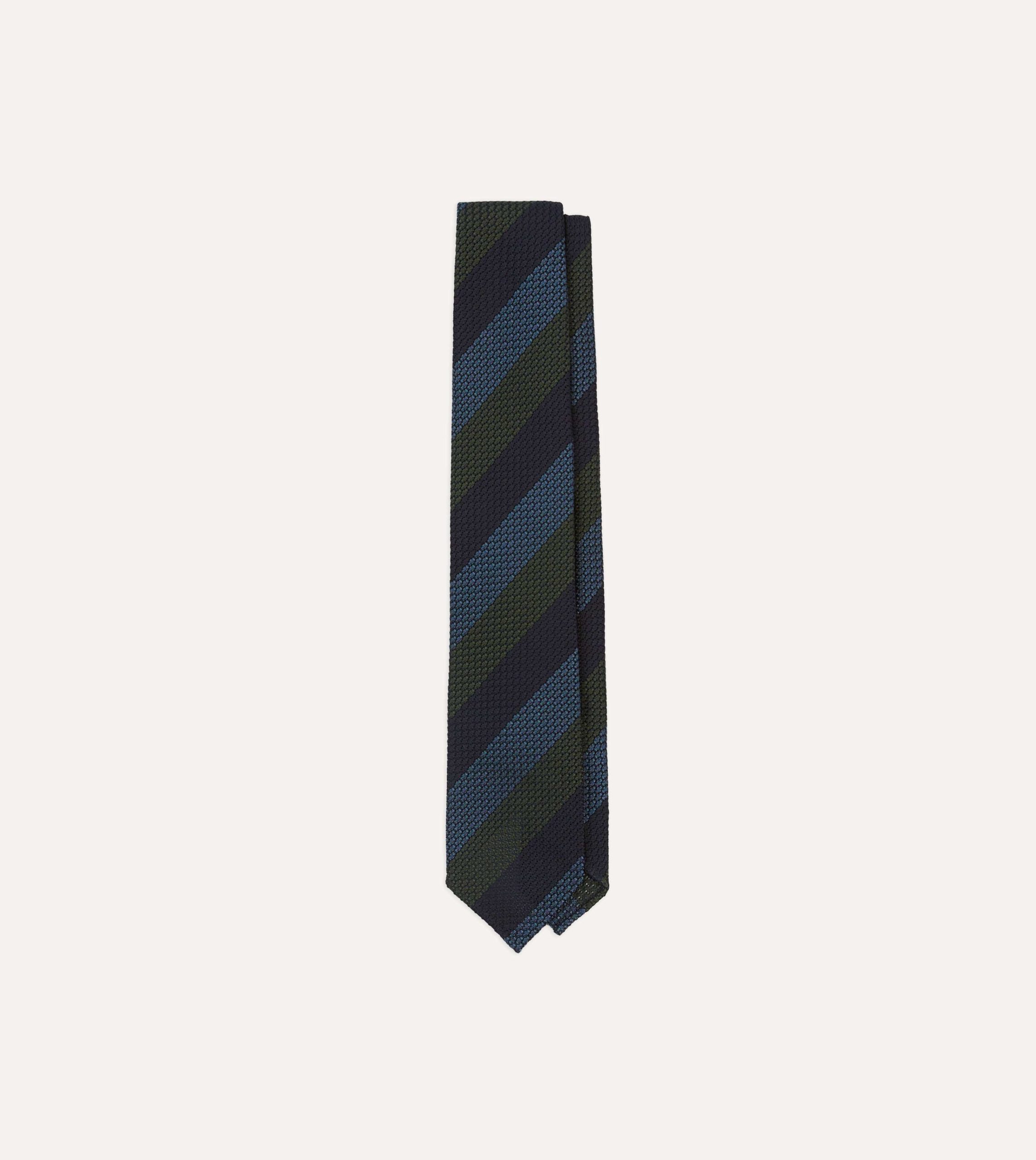 Navy. Green and Blue Block Stripe Hand Rolled Silk Grenadine Tie