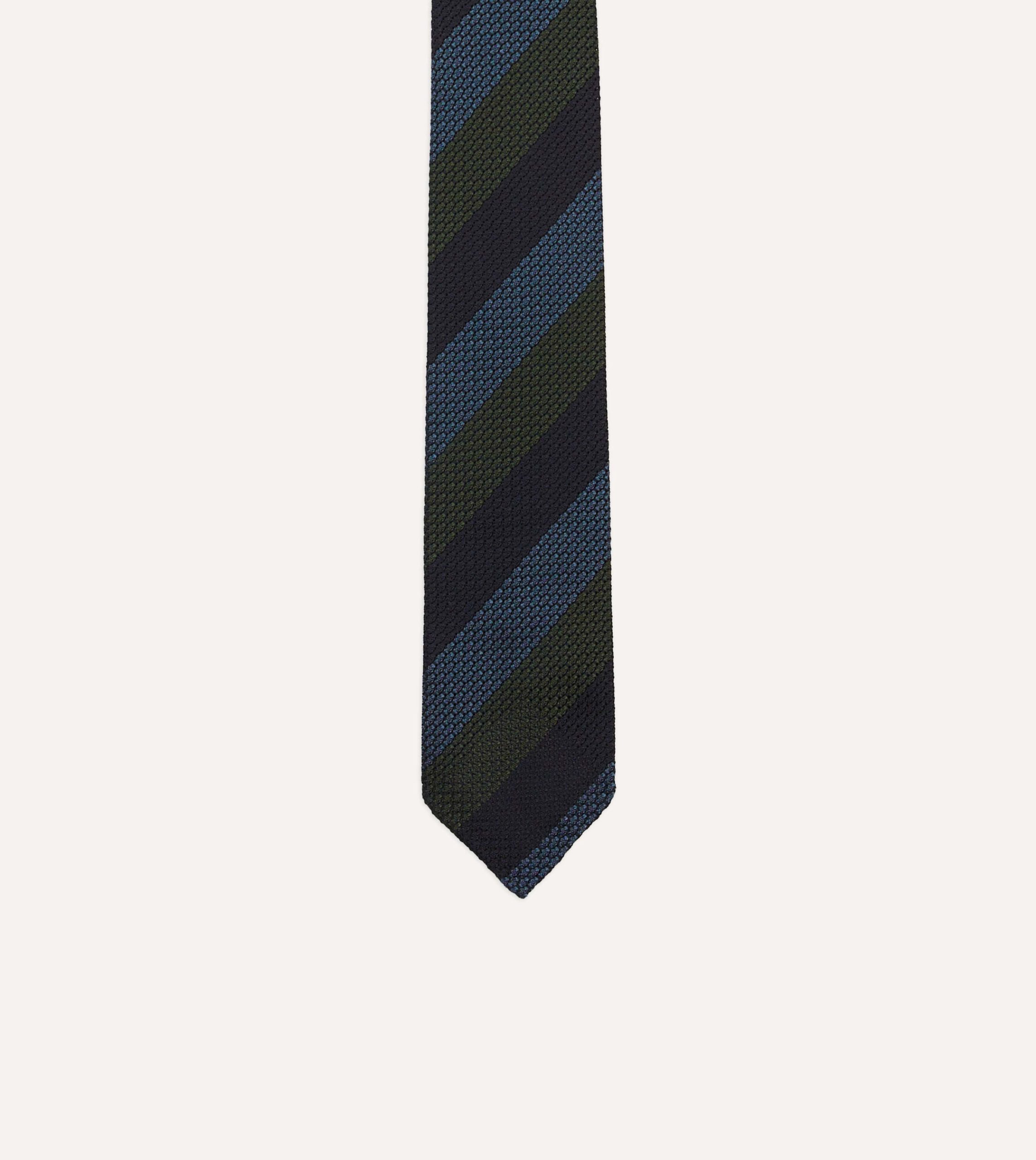 Navy. Green and Blue Block Stripe Hand Rolled Silk Grenadine Tie - Image 3