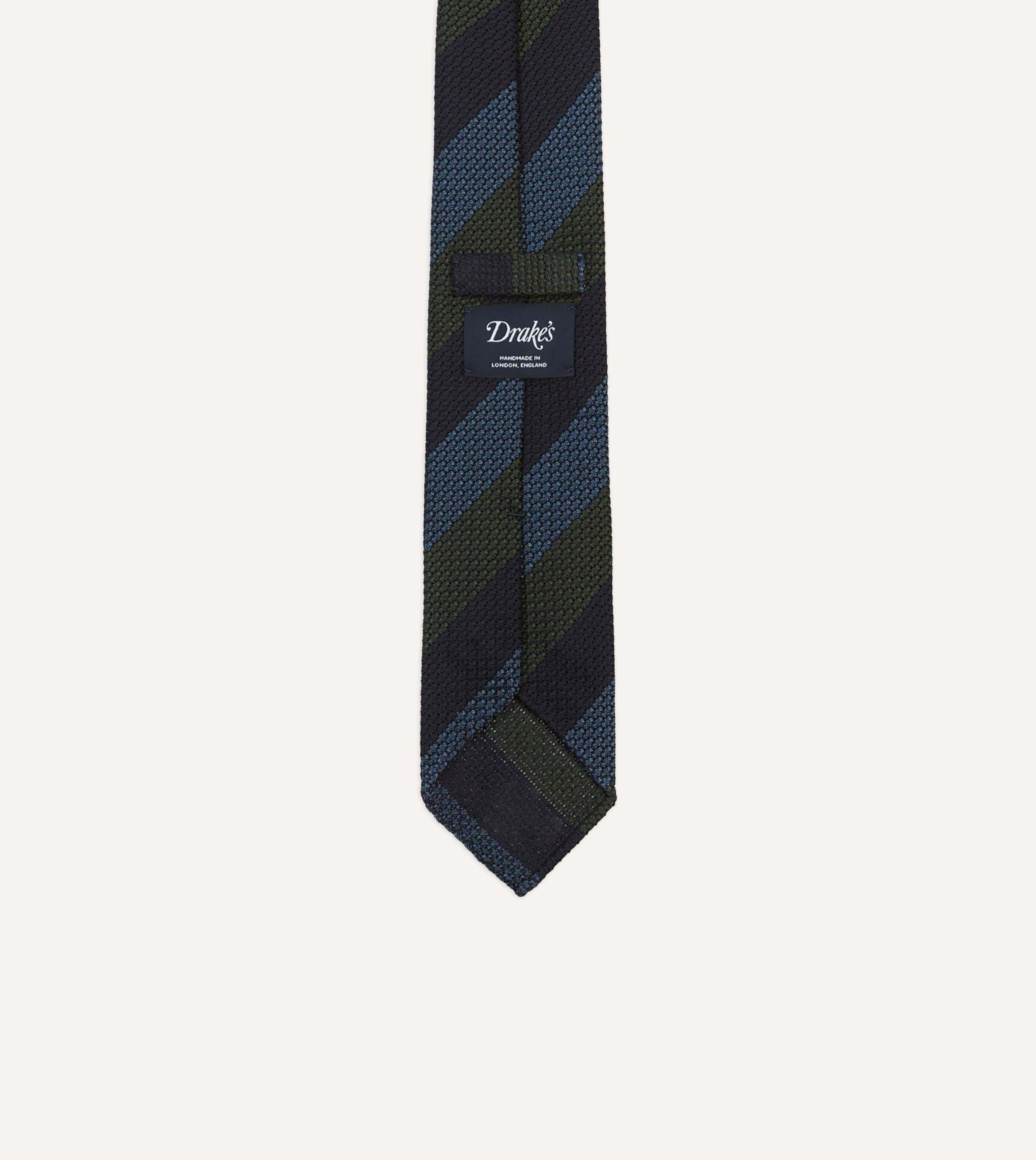 Navy. Green and Blue Block Stripe Hand Rolled Silk Grenadine Tie - Image 4