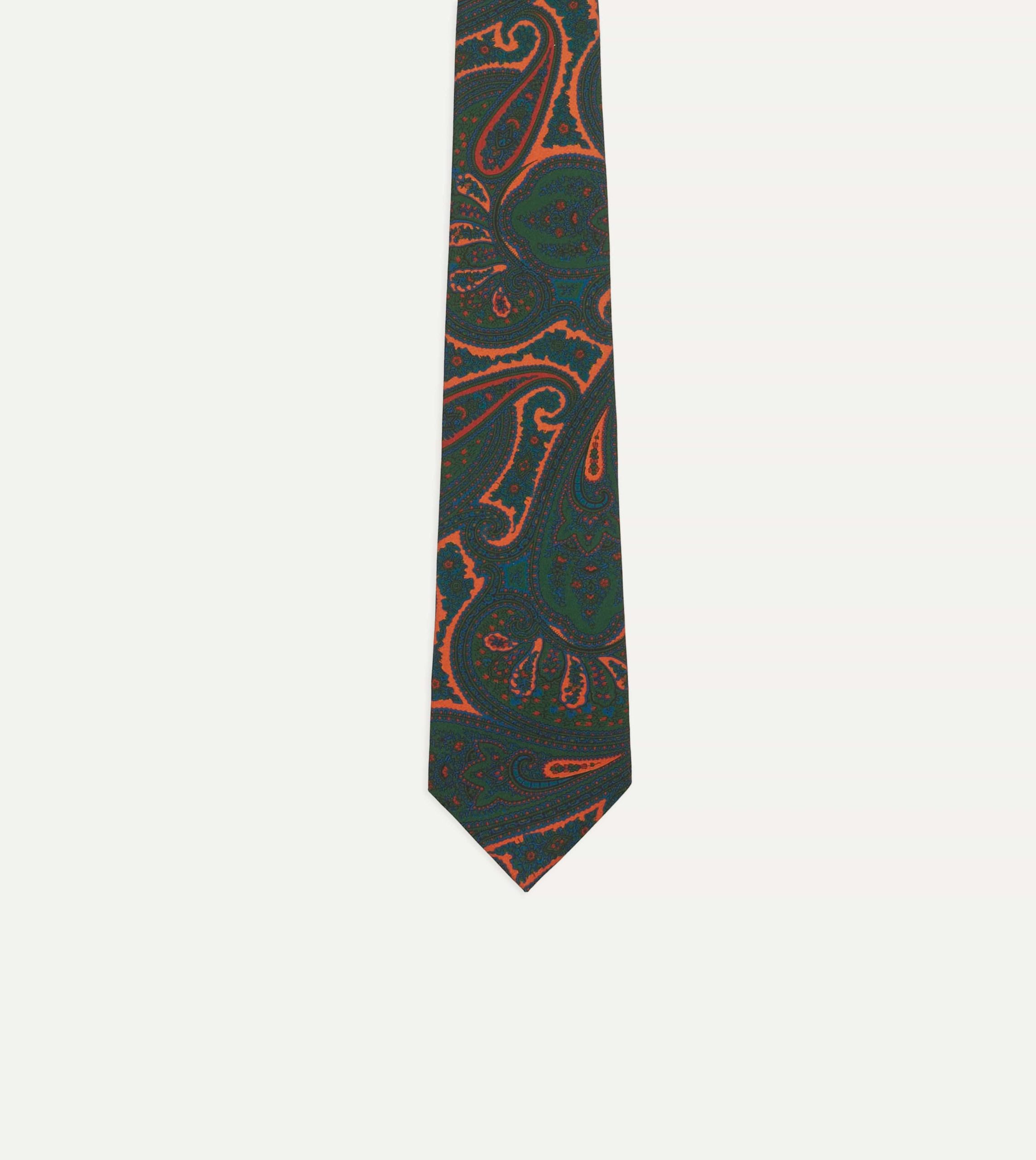 Green and Orange Large Paisley Print Madder Silk Self Tipped Tie - Image 4