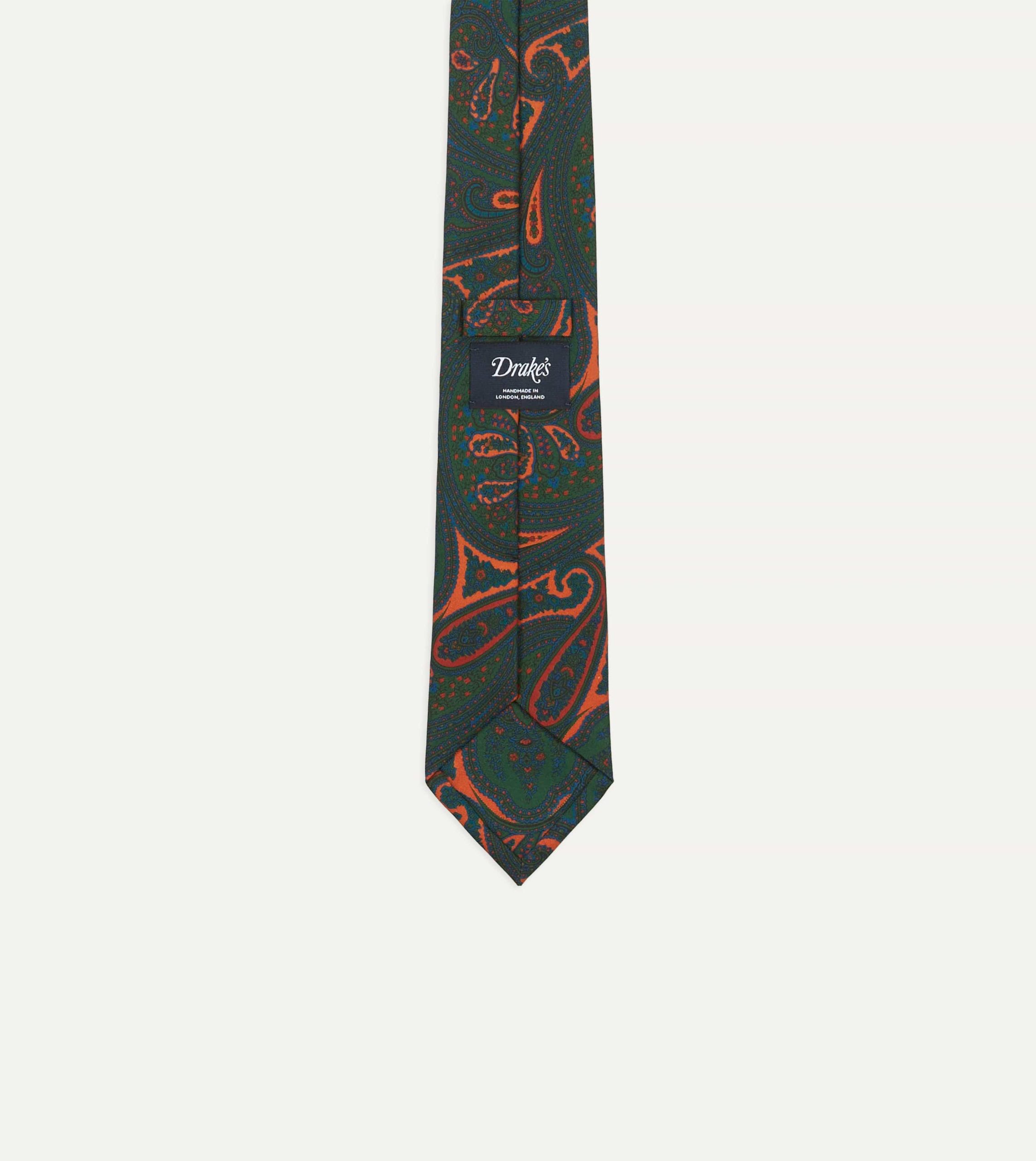 Green and Orange Large Paisley Print Madder Silk Self Tipped Tie - Image 3