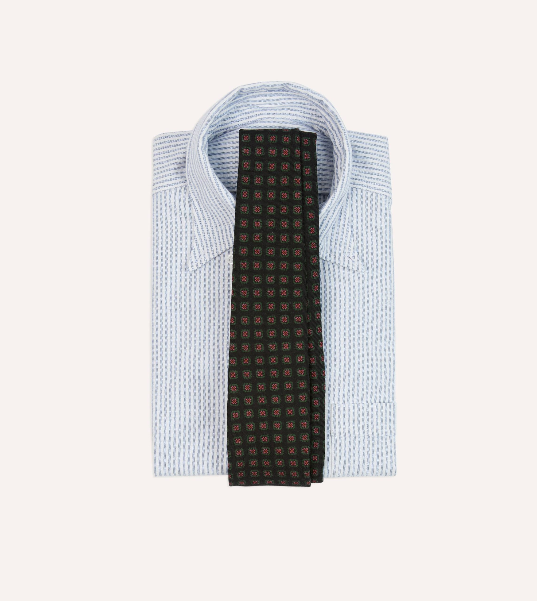 Black Green. and Red Diamond Print Check Self-Tipped Wool Tie - Image 2