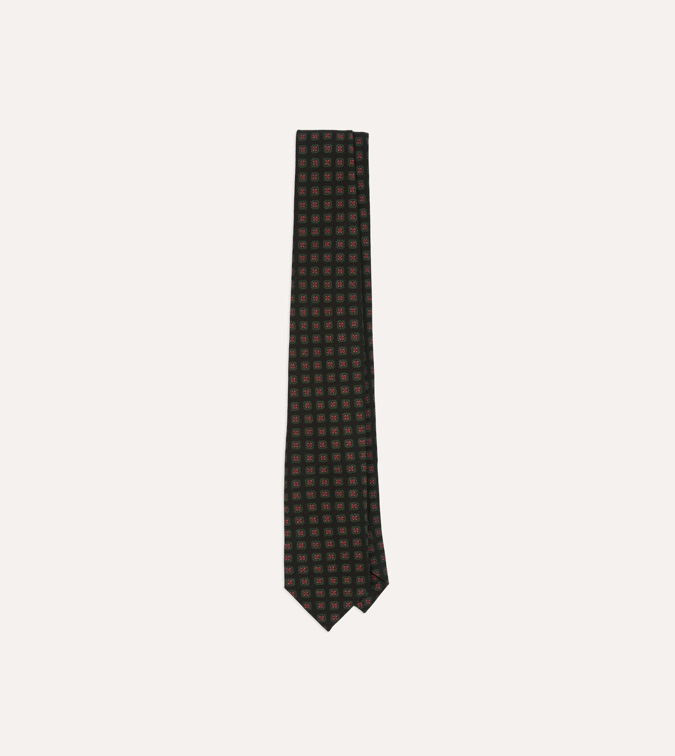Black Green. and Red Diamond Print Check Self-Tipped Wool Tie