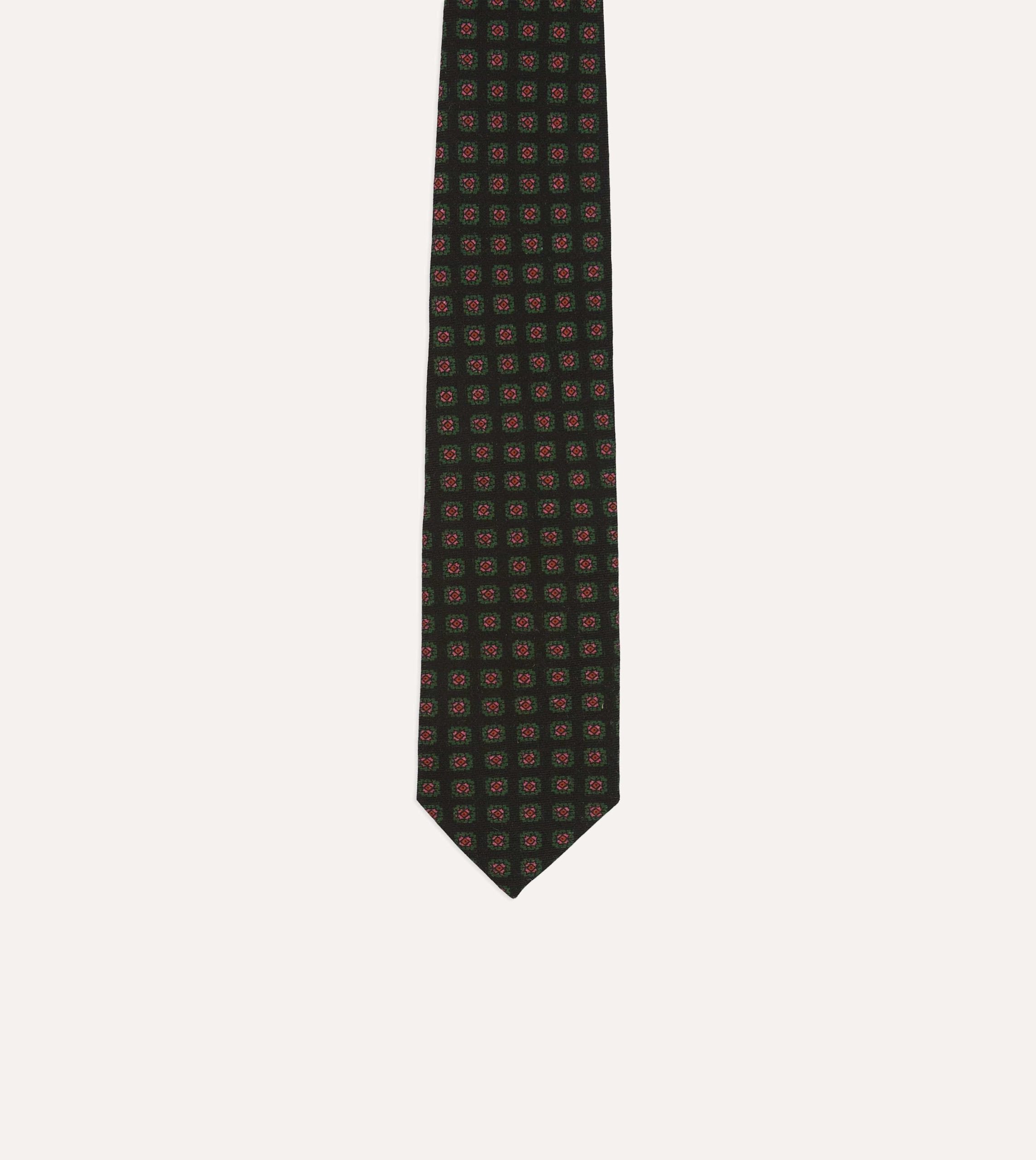 Black Green. and Red Diamond Print Check Self-Tipped Wool Tie - Image 3
