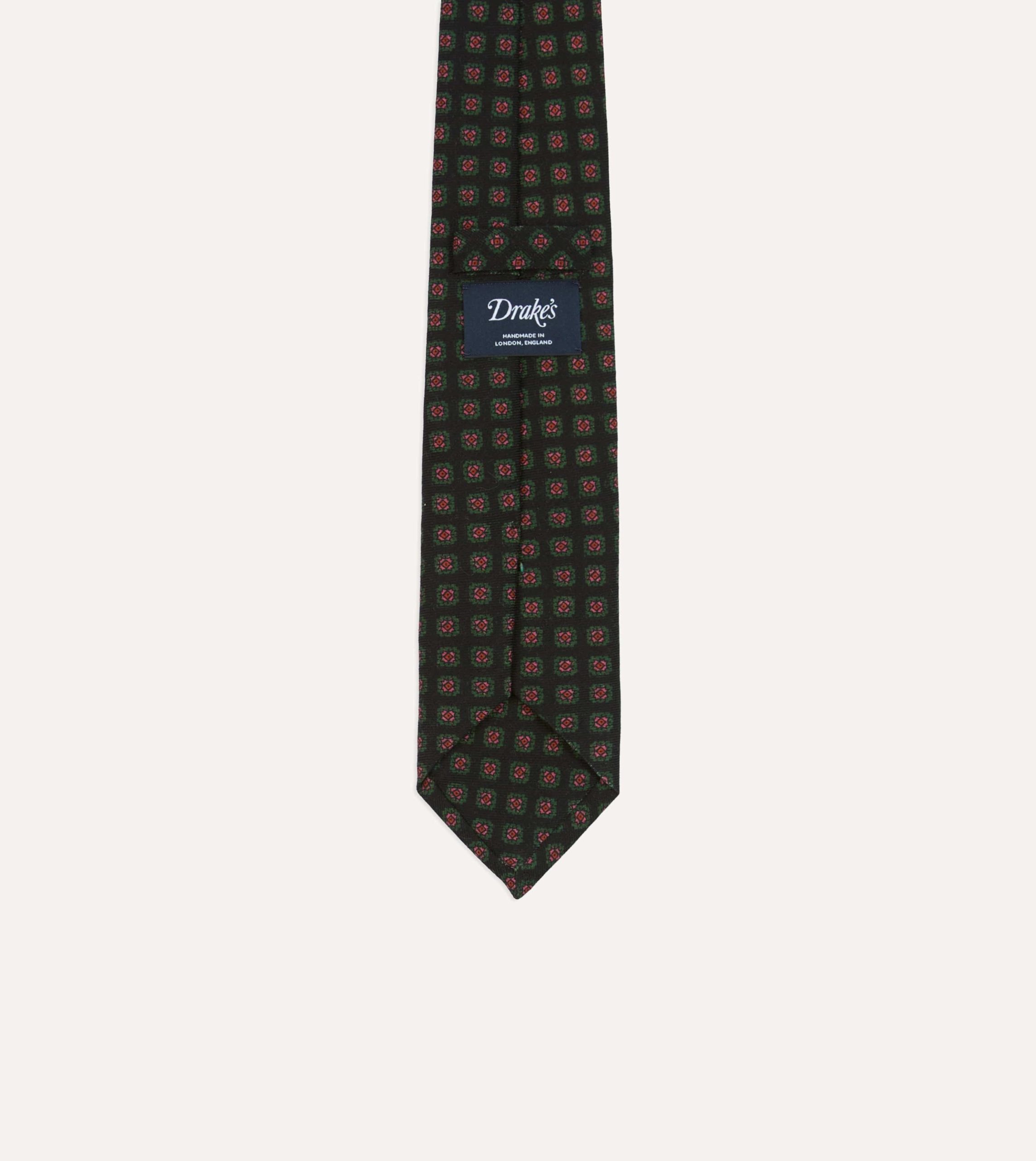 Black Green. and Red Diamond Print Check Self-Tipped Wool Tie - Image 4