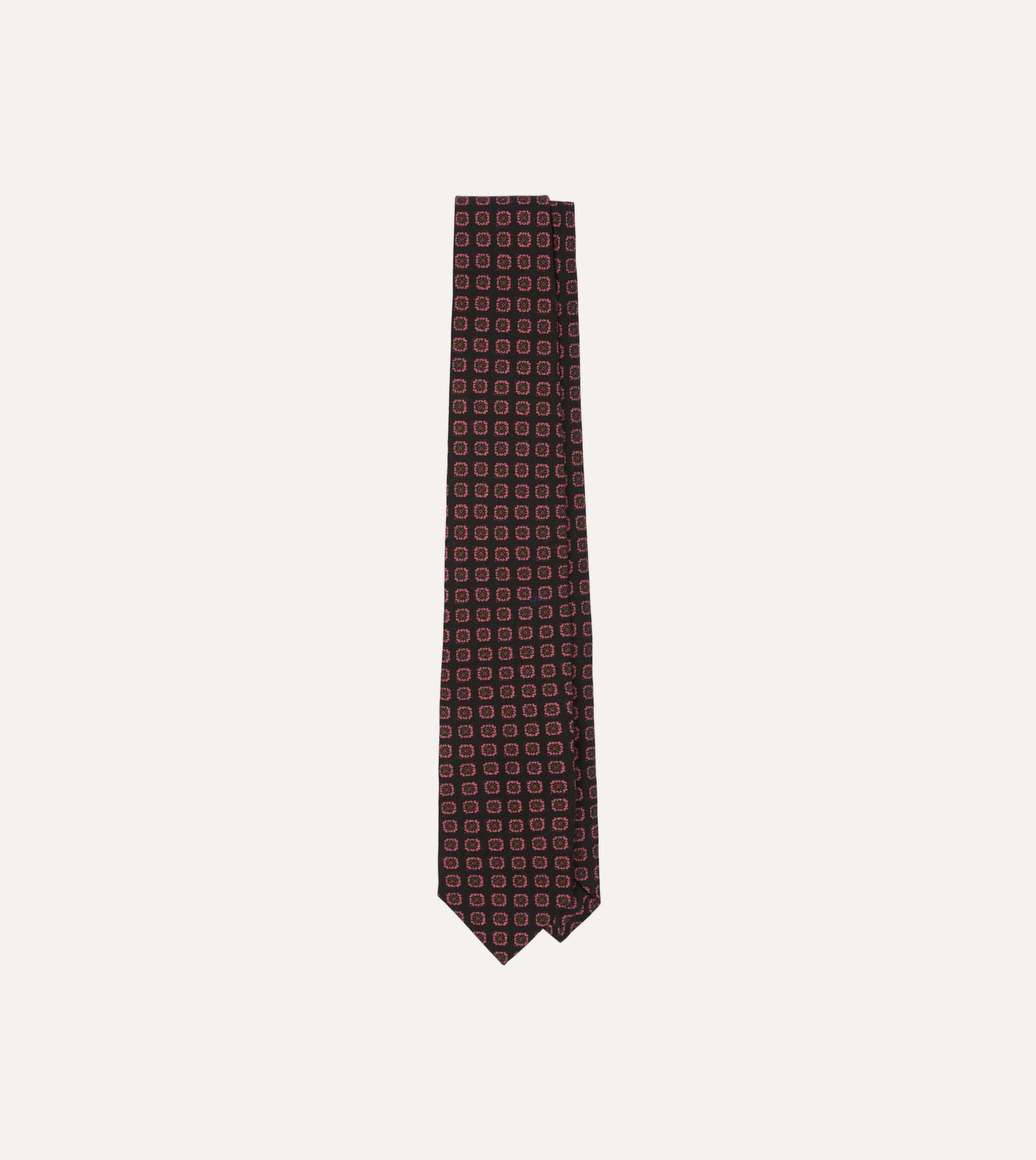 Black Red. and Green Diamond Print Check Self-Tipped Wool Tie