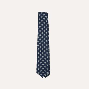 Navy Medallion Crepe de Chine Silk Self-Tipped Tie