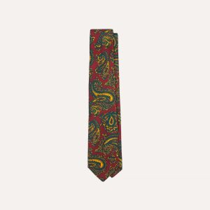 Red and Green Ornate Paisley Print Silk Self Tipped Tie