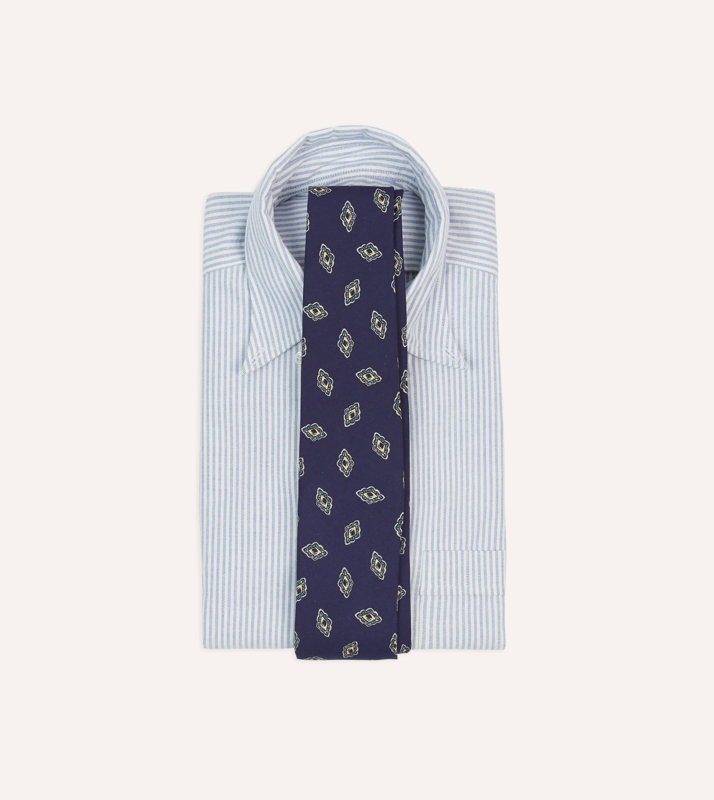 Navy Diamond Flower Print Silk Self-Tipped Tie - Image 2