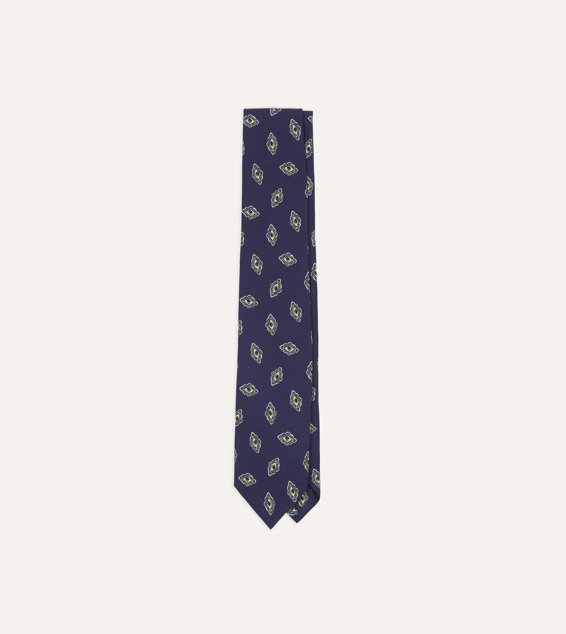 Navy Diamond Flower Print Silk Self-Tipped Tie