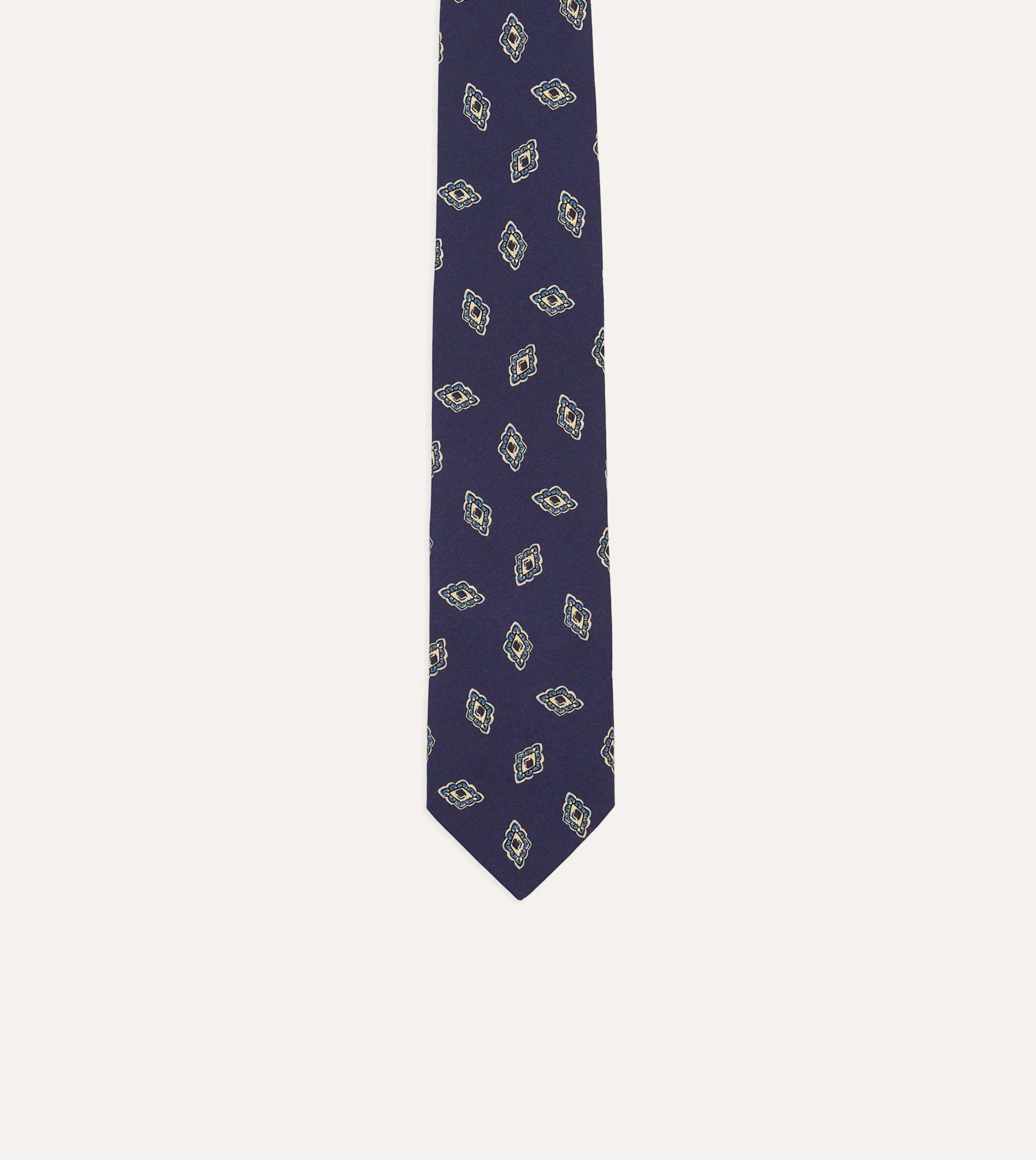 Navy Diamond Flower Print Silk Self-Tipped Tie - Image 3