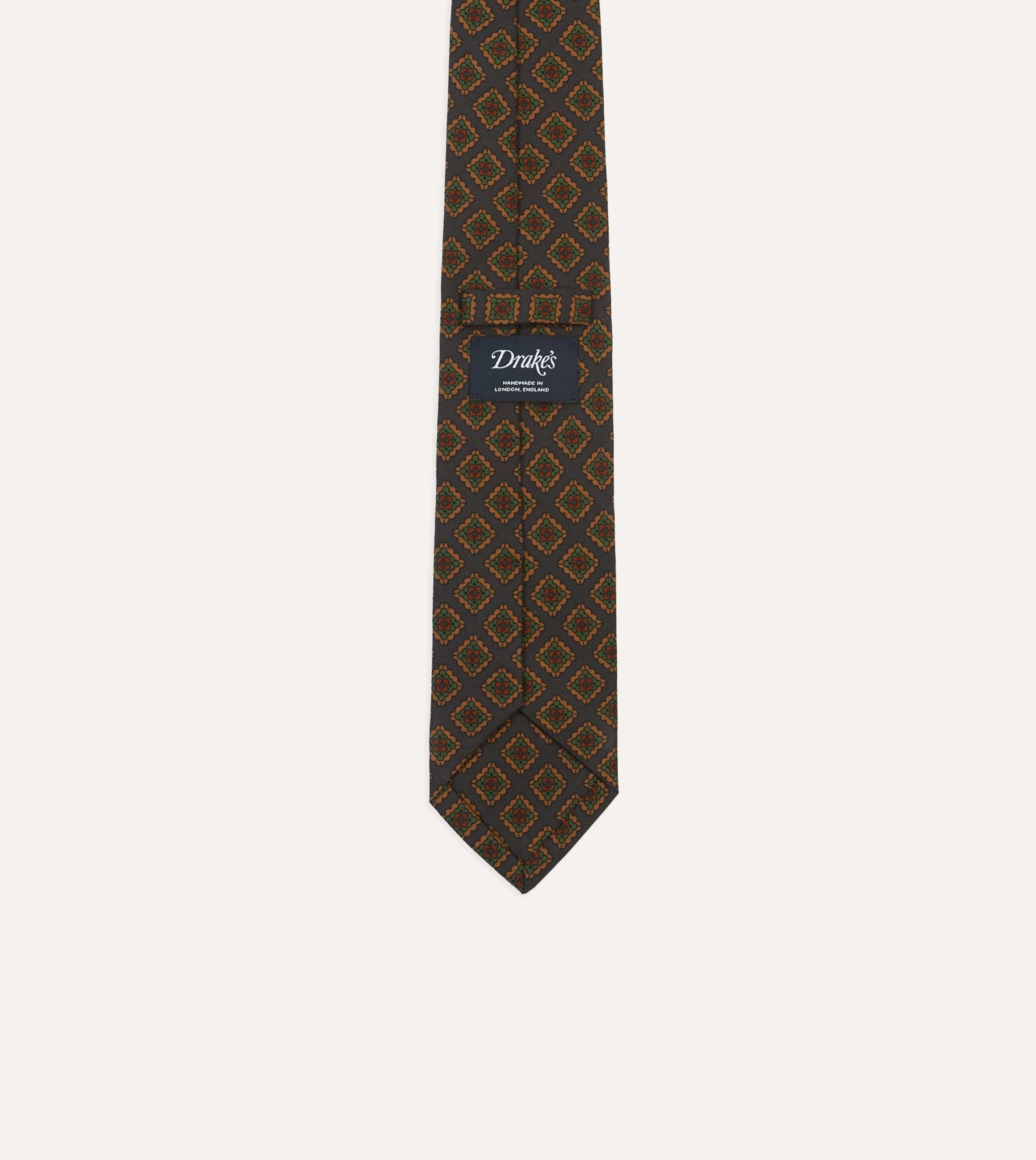 Navy Square Flower Medallion Print Wool-Silk Self Tipped Tie - Image 4