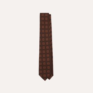 Brown Square Flower Medallion Print Wool-Silk Self Tipped Tie