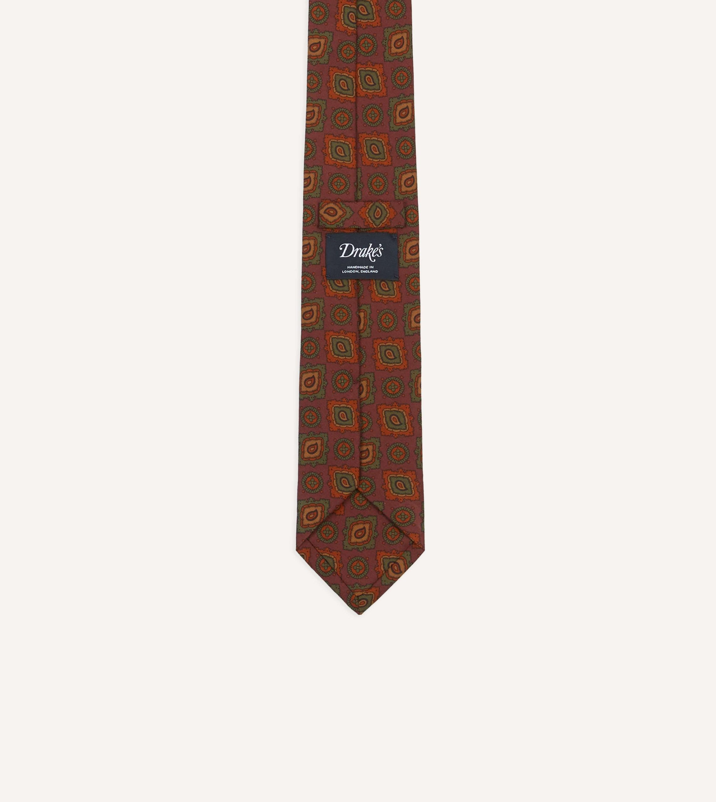 Burgundy Paisley Medallion Print Wool-Silk Self Tipped Tie - Image 4