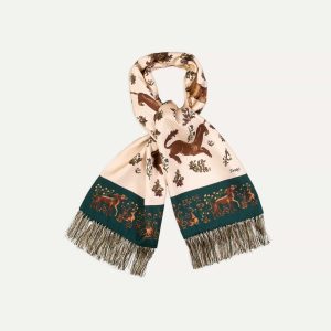 Ecru Unicorn Print Tubular Silk Tasselled Scarf