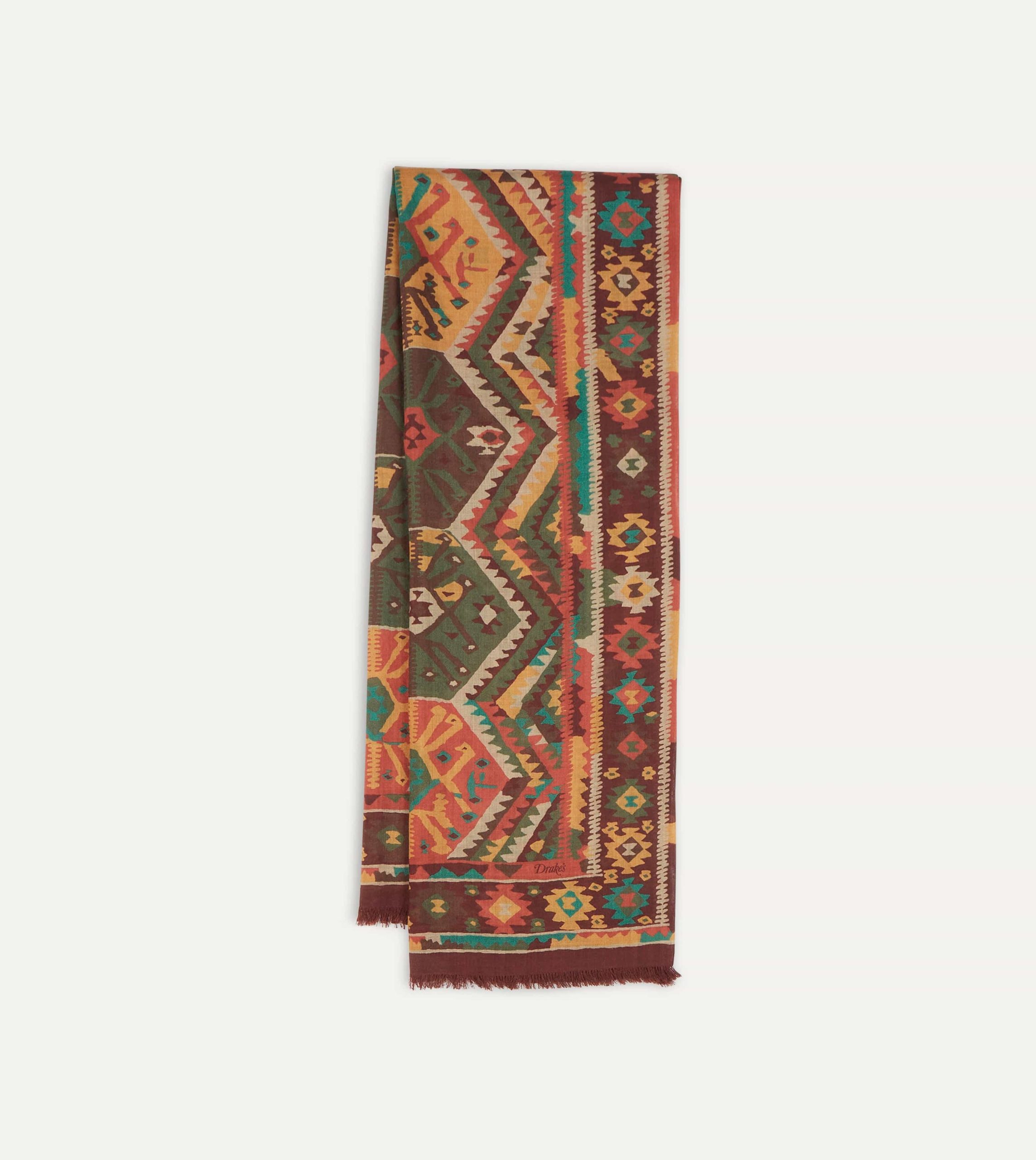 Brown Kilim Print Wool-Silk Scarf - Image 3