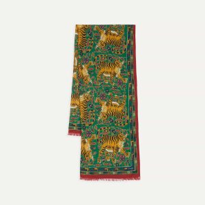 Green Jumbo Tiger Print Wool-Silk Scarf