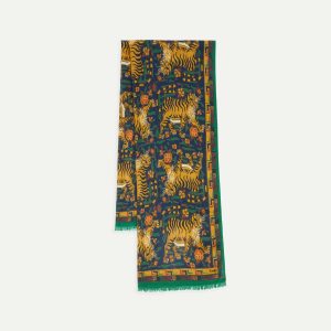 Navy Jumbo Tiger Print Wool-Silk Scarf