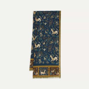 Navy Unicorn Print Wool-Silk Scarf