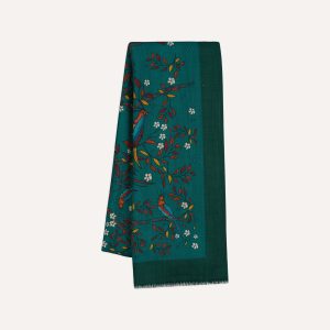 Green Birds of Paradise Print Wool Scarf