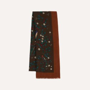 Brown Birds of Paradise Print Wool Scarf