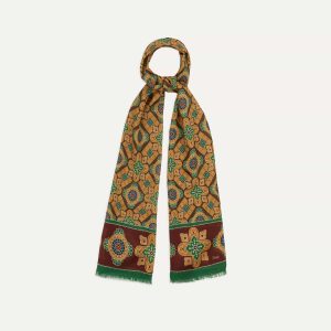 Brown and Red Medallion Print Wool-Silk Scarf