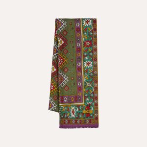 Green and Purple Kilim Print Tubular Wool Silk Scarf