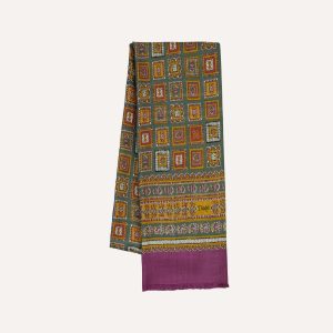 Purple and Green Medallion Print Tubular Wool Silk Scarf