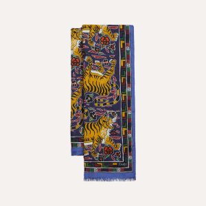 Blue Tiger Print Wool-Silk Scarf