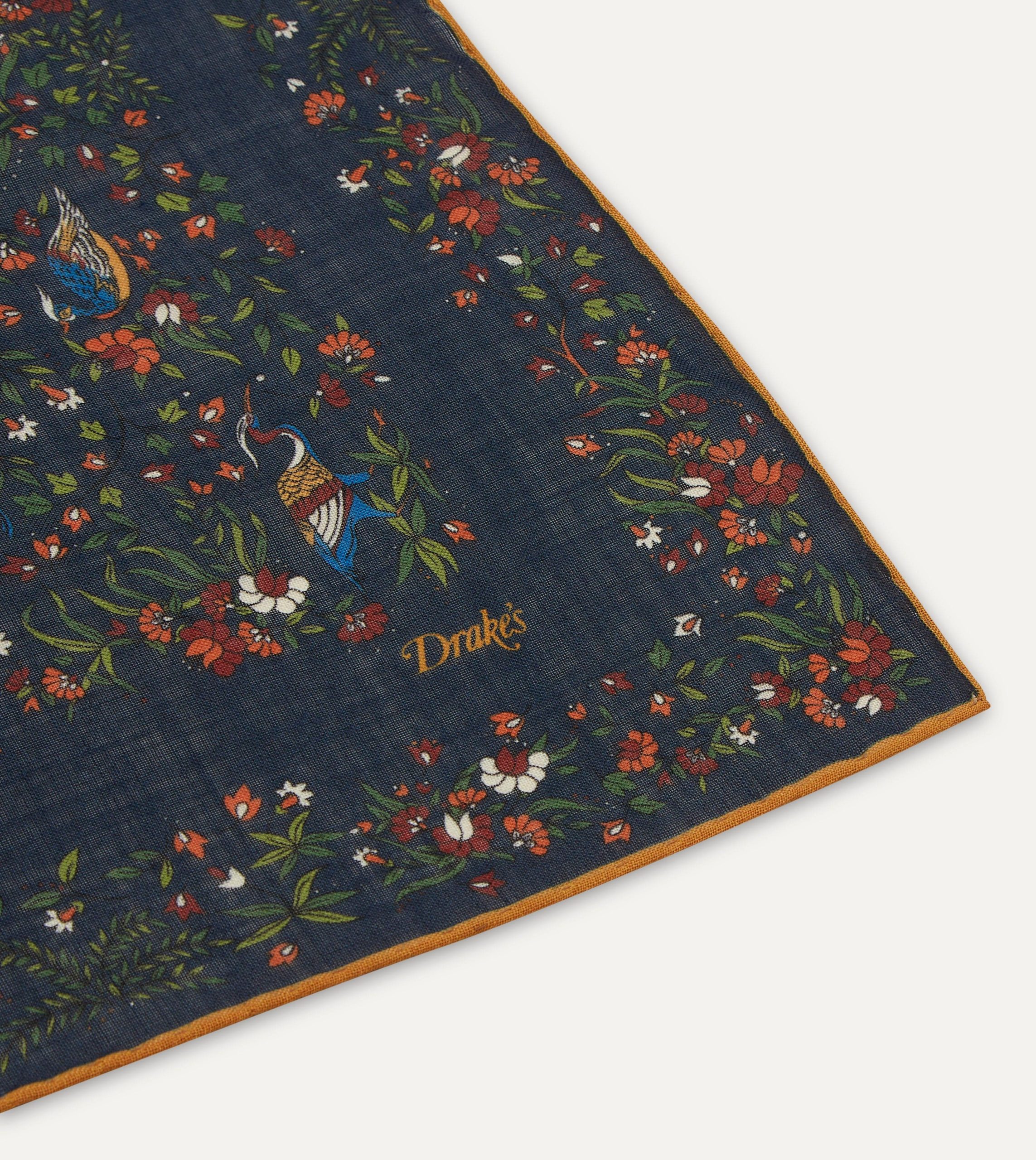 Navy Birds of Paradise Print Wool-Silk Square Scarf - Image 4