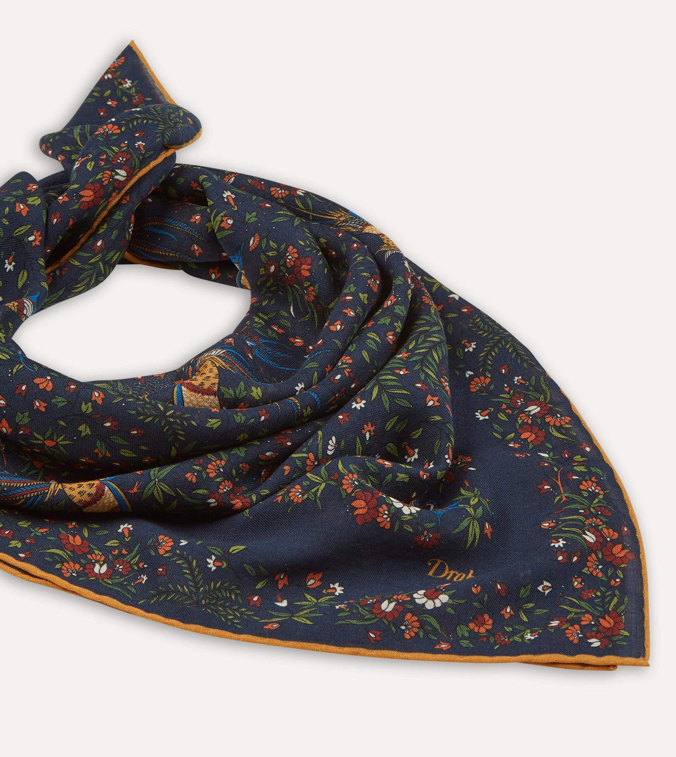 Navy Birds of Paradise Print Wool-Silk Square Scarf - Image 3