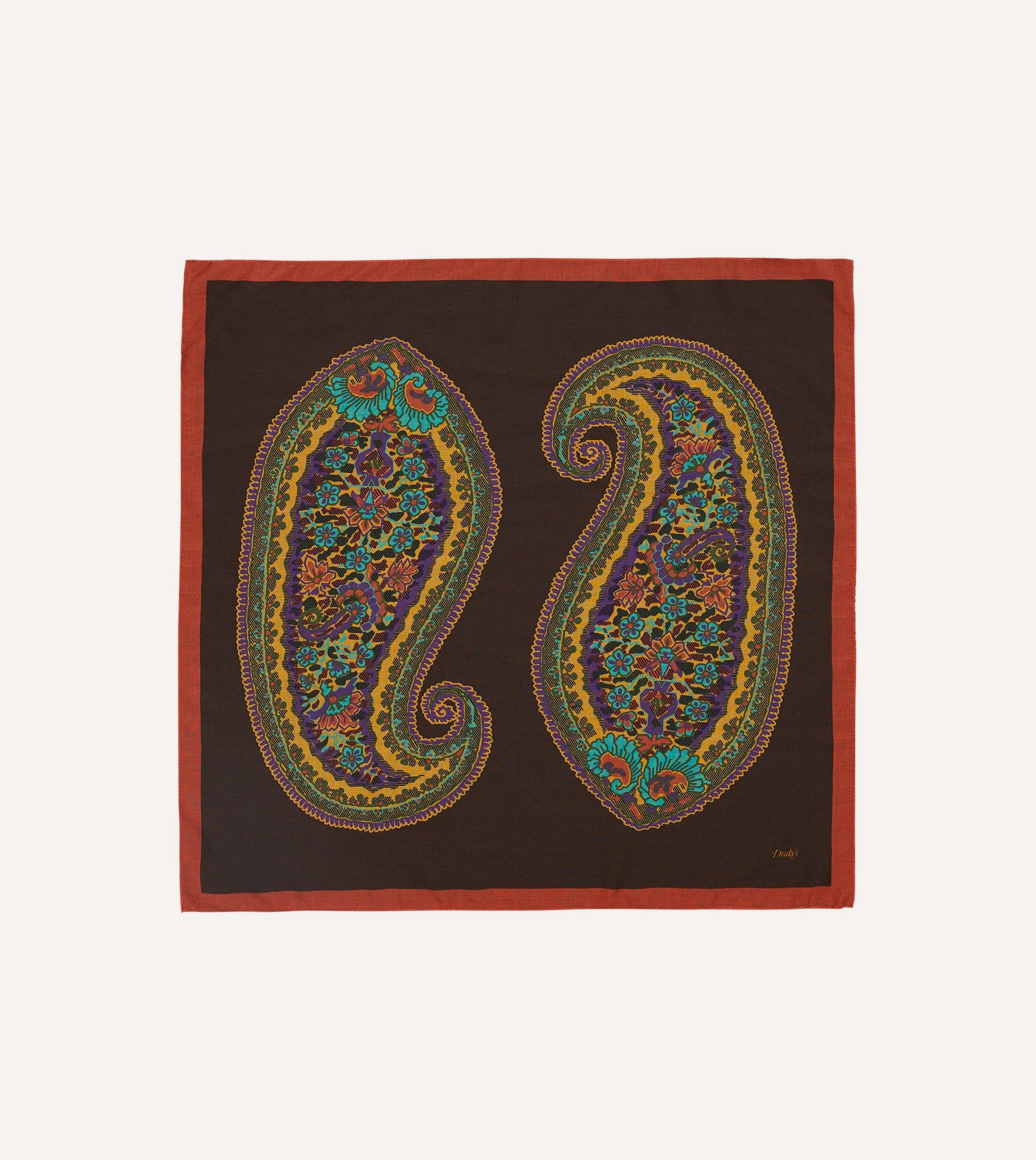 Brown Large Paisley Print Wool-Silk Bandana