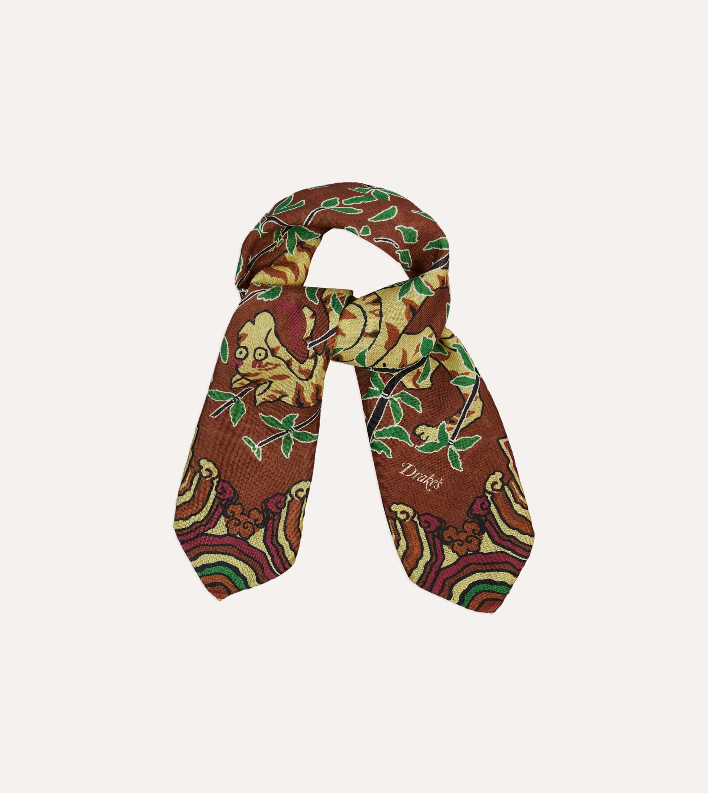 Brown Tigers Print Wool-Silk Bandana - Image 5