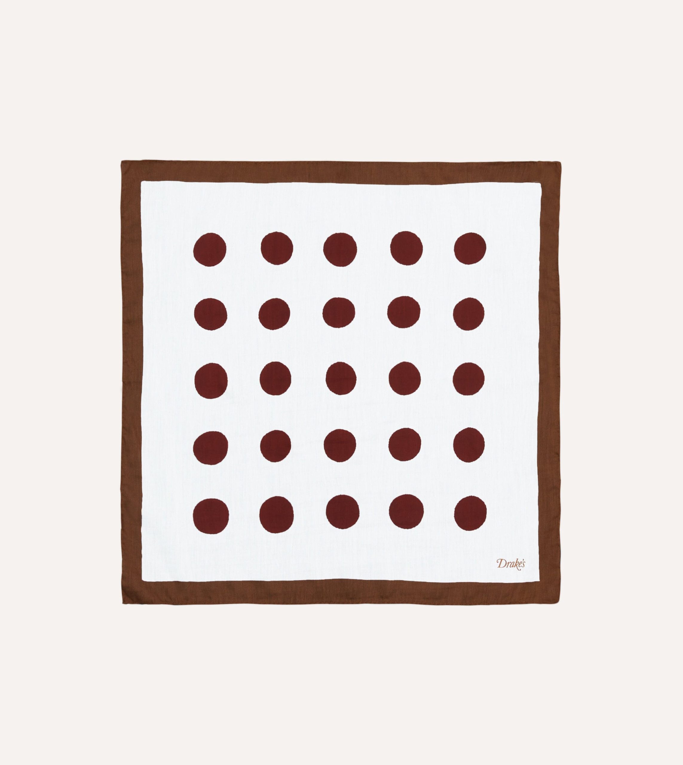 Brown. Ecru and Red Large Spots Print Cotton-Silk Pocket Square