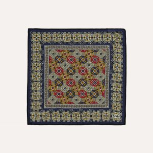 Navy Geometric Tapestry Print Wool-Silk Pocket Square