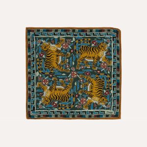 Green Tiger Motif Print Wool-Silk Pocket Square