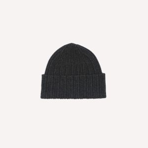 Dark Grey Angora Lambswool Ribbed Knit Cap