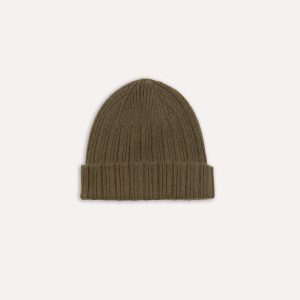 Khaki Green Angora Lambswool Ribbed Knit Cap