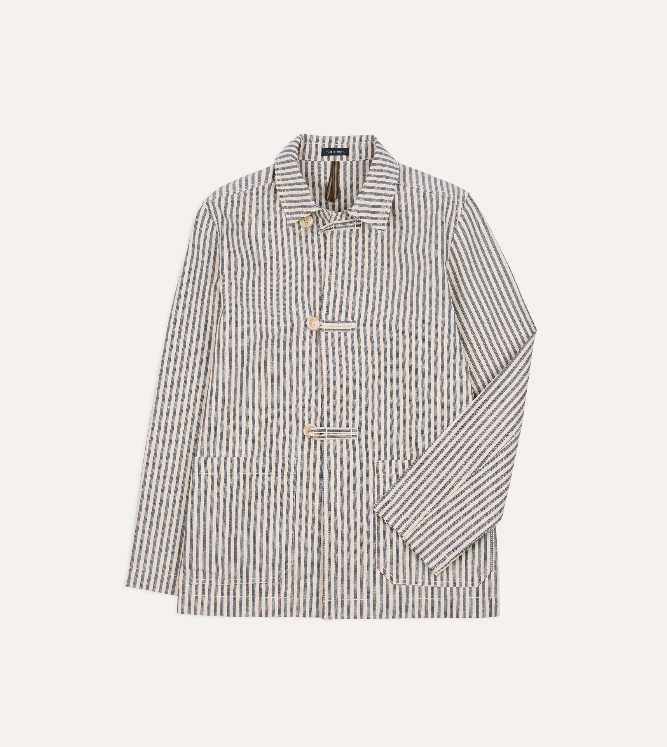 Blue and Ecru Stripe Cotton-Linen Deck Chore Jacket