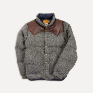 Rocky Mountain Featherbed for Drake's Herringbone Harris Tweed Leather Christy Down Jacket