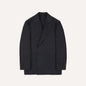 Navy Linen Double-Breasted Tailored Jacket