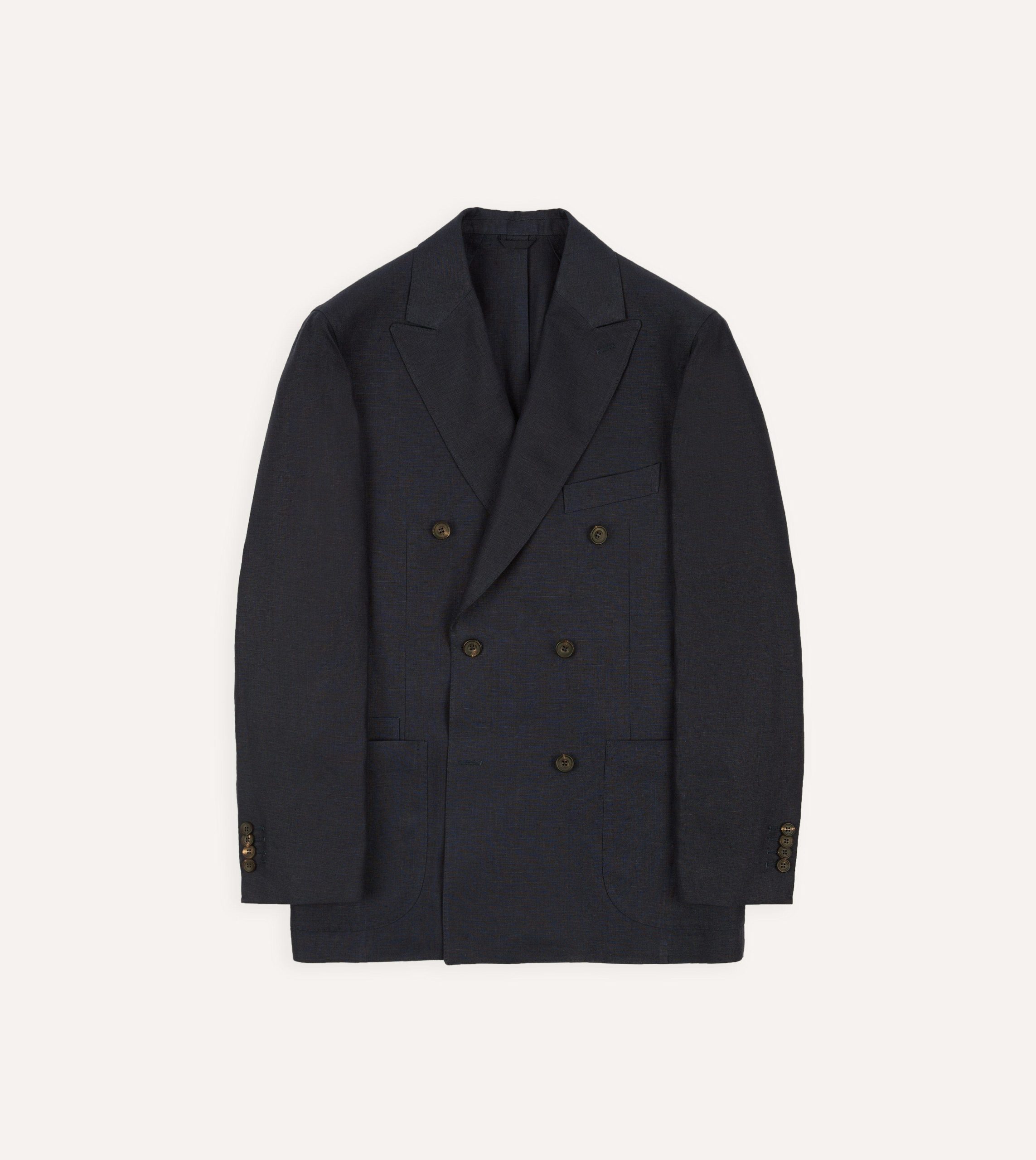 Navy Linen Double-Breasted Tailored Jacket