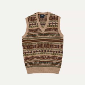 Beige Cotton Cashmere Fair Isle Knit Vest