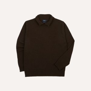 Brown Alpaca Lambswool Ribbed Integral Collar Jumper