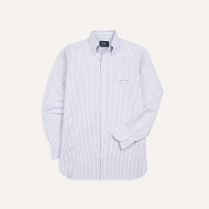 Blue Ticking Stripe Cotton Oxford Cloth Button-Down Shirt