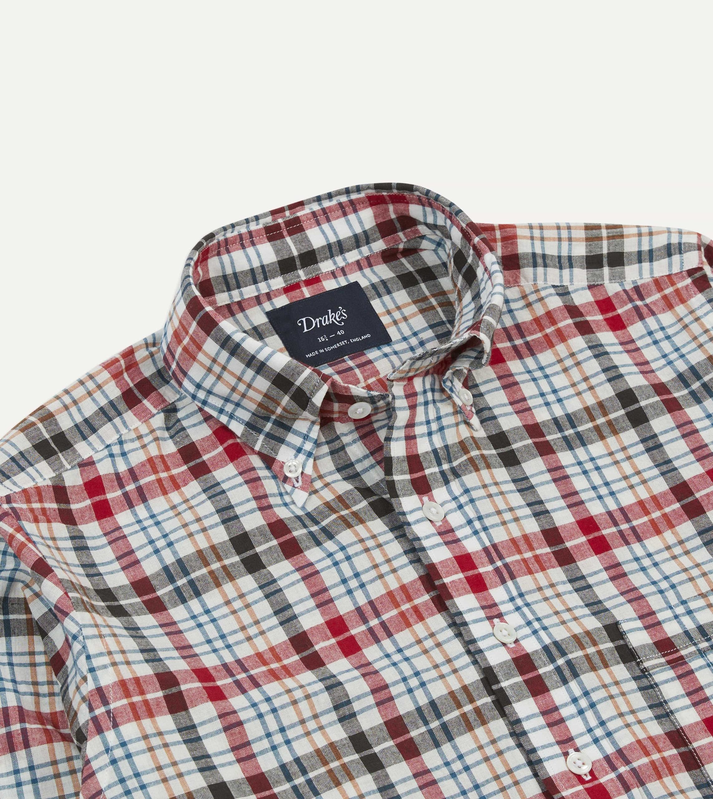 Red and Black Madras Check Cotton Button-Down Shirt - Image 3