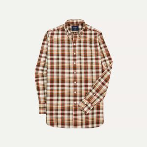 Brown and Red Madras Check Cotton Button-Down Shirt