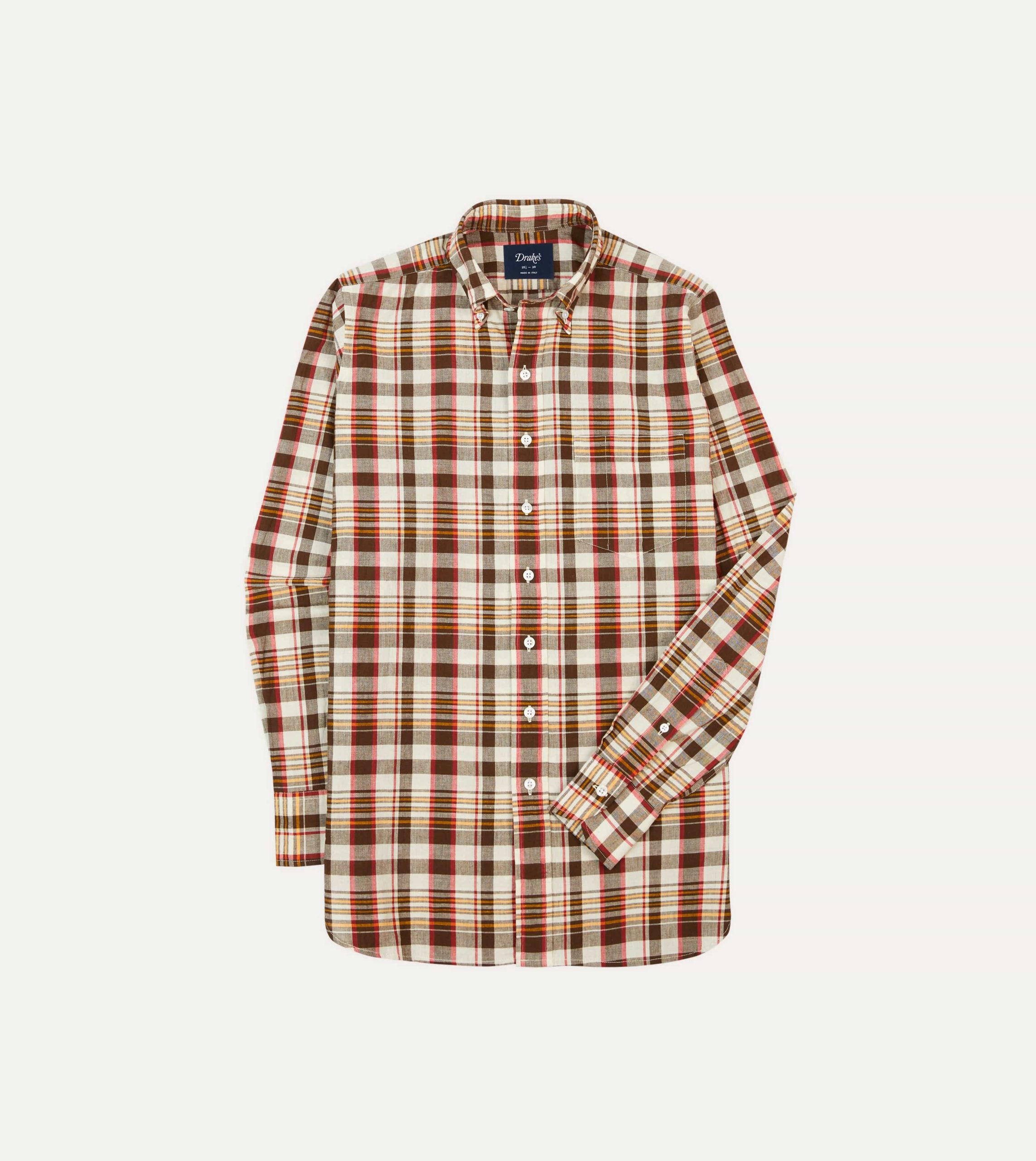Brown and Red Madras Check Cotton Button-Down Shirt